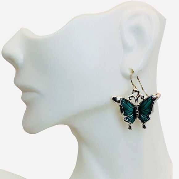 Green Butterfly Dangle Earrings 7/8" Silver Tone Fairycore Whimsical - Picture 7 of 9